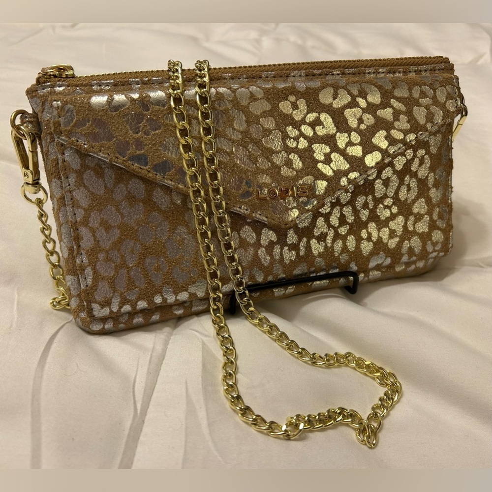 LODIS Suede & Leather Convertible Crossbody Silver and Gold Leopard Prin…